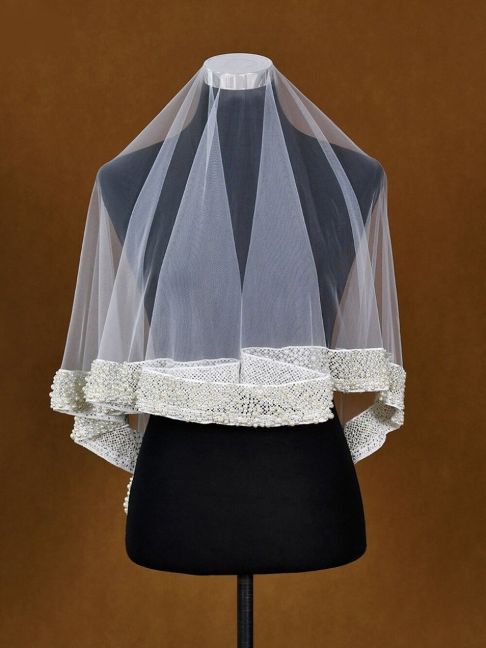 Heavy Pearl Beaded Lace Edge Fingertip Bridal Veil No Comb